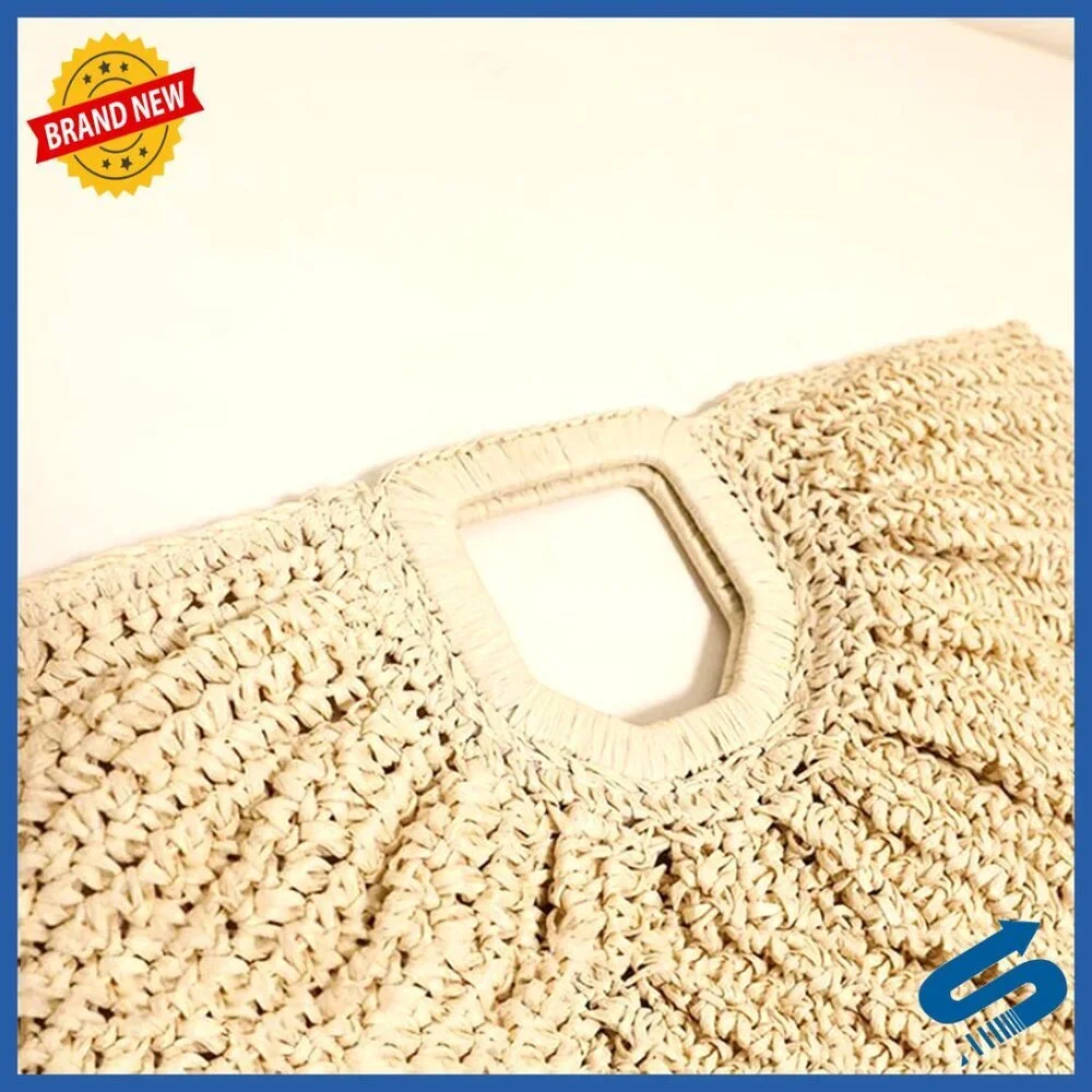 Straw Woven Tote Bag Geometric Handles Beach Holiday Purse Boho Chic
